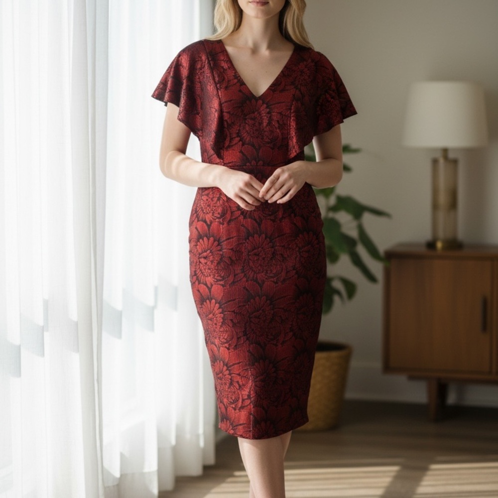 Kensie Burgundy Floral Midi‎ Dress